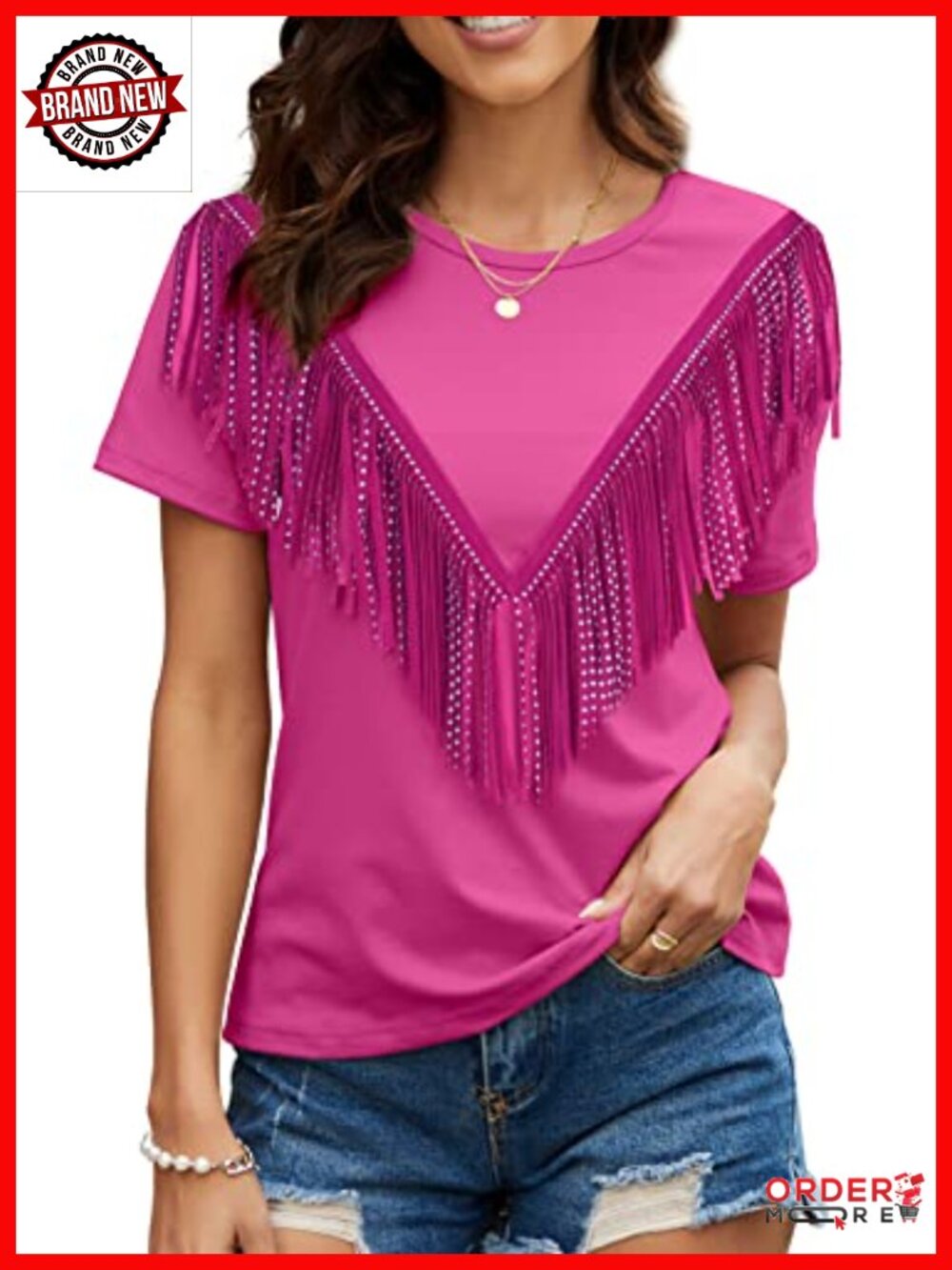 Tassel Trim Fringe V-Neck Short Sleeve T-Shirt Blouse Tunic Top